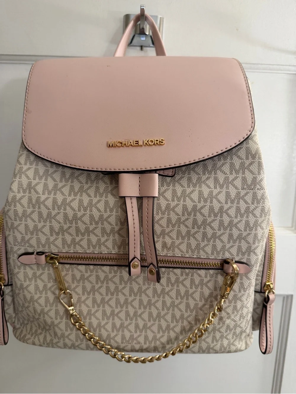 Michael Kors Pink and Beige Signature Logo Backpack with Gold Hardware